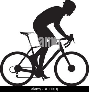 Silhouette eines Radfahrers, der mit einem Rennrad fährt, einen Helm und Fahrradbekleidung trägt Stock Vektor
