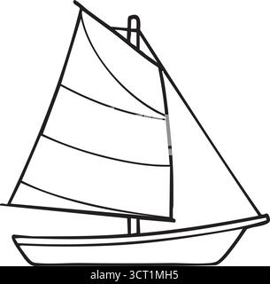 Schwarzlinienillustration eines klassischen Segelboots mit hohem Mast und gestreiften Segeln, von der Seite gesehen auf weißem Hintergrund. Stock Vektor