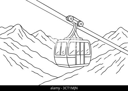 Eine kompakte Seilbahn hängt an einer Seilbahn, die zerklüftete Berge überquert, die in linearer Perspektive skizziert sind Stock Vektor