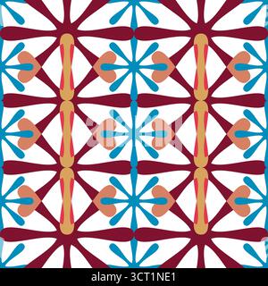 Dieses nahtlose Vektormuster zeigt abstrakte geometrische Blumen mit strahlenden Blütenblättern in leuchtenden Magenta-, Blau-, Orange- und Gelbtönen auf einer Gra Stock Vektor