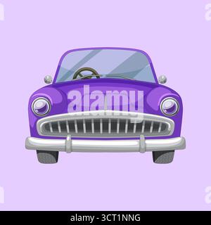 Eine klare Vektorgrafik eines klassischen lila Autos, dargestellt von der Vorderansicht. Mit Retro-Automobildesign, glatten Linien und leuchtenden Farben Stockfoto