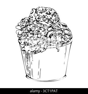 Sorbet-Eis mit Milchschokoladenstückchen, Chips und Sirup-Streusel, serviert in Plastik- oder Papierbecher. Vektorgrafik handgezeichnet in Stift und Tinte Stock Vektor