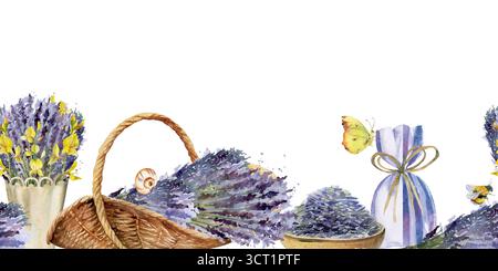 Gewebter trug-Korb mit Lavendelblüten, Samen in Tonschale, Beutel, lavandula und spanischem Besenstrauß. Isoliertes nahtloses Muster, handgezeichnet Stockfoto