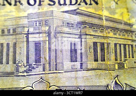 Bank of Sudan Gebäude auf der Rückseite von 25 25 25 sudanesischen Piastres Bargeld-Banknote, alte sudanesische Geld-Banknote Stockfoto