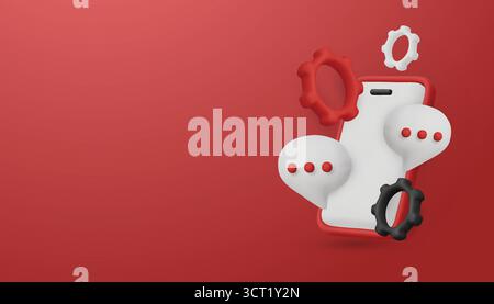 3D-Smartphone mit Chatblasen und Zahnrädern. Ein Konzept für Kundensupport, Chatbot-Services und technische Unterstützung. Stock Vektor