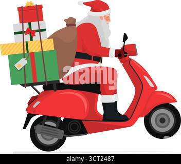 Weihnachtsmann fährt mit einem schnellen Moped und liefert Weihnachtsgeschenke, Feiertage und Feierlichkeiten Stock Vektor