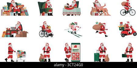 Eine Reihe verschiedener lustiger Weihnachtsmannfiguren, die verschiedene Aktivitäten ausführen, isoliert auf weißem Hintergrund Stock Vektor