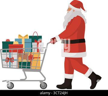 Glücklicher Weihnachtsmann schiebt einen Einkaufswagen voller Weihnachtsgeschenke, Shopping und Feiertagskonzept, isoliert auf weißem Hintergrund Stock Vektor