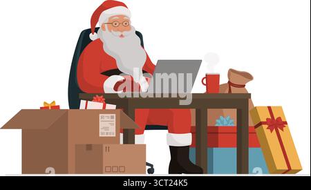 Der effiziente Weihnachtsmann sitzt an seinem Schreibtisch und arbeitet mit einem Laptop. Er empfängt und liefert Weihnachtsgeschenke Stock Vektor
