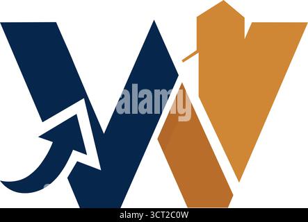 Ein schlankes, modernes W-Logo mit marineblauen und orangefarbenen Segmenten und dynamischen Pfeilelementen, die Wachstum, Fortschritt und Zusammenarbeit symbolisieren. Stock Vektor