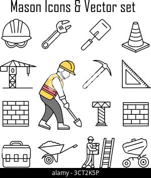 Gelernter maurer, der mit Ziegel und Mörtel auf einer Baustelle arbeitet, professioneller Baumeister und handwerkliches Konzept Stock Vektor