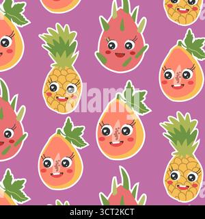 Lustiges, nahtloses Design mit tropischen kawaii-Früchten. Ananas und Papaya mit fröhlichen Comic-Gesichtern. Kindliches Doodle-Muster für Stoff, Tapete, Stat Stock Vektor