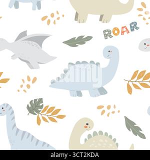 Niedliches Dinosauriermuster mit Blättern und lustigem Text auf schwarzem Hintergrund. Stock Vektor