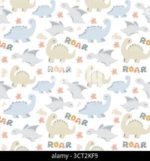 Verspieltes Dinosauriermuster mit brüllendem Text und Blumen auf schwarzem Hintergrund. Stock Vektor
