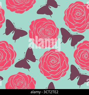 Nahtloses Muster mit Rosen und Silhouetten von Schmetterlingen. In Pastellfarben im grafischen Stil gemalt Stock Vektor