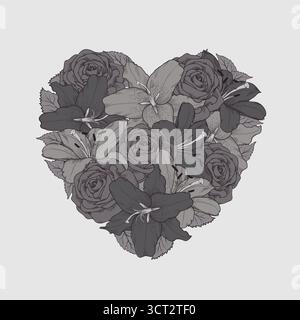 Blumen, Lilien und Rosen in grafischer Zeichnung gemalt, gestapelt in Herzform Stock Vektor