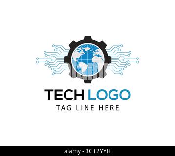 Technologie-Logo-Design mit weltweitem Schaltkreis- und Getriebesymbol, digitaler Innovation und technischem Business-Branding Stock Vektor