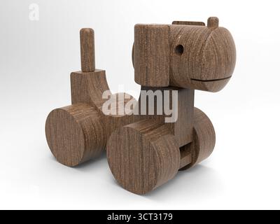 Rustikales Hundespielzeug aus Holz mit geometrischen Blöcken und glatten zylindrischen Rädern auf weißem Hintergrund - 3D-Rendering Stockfoto