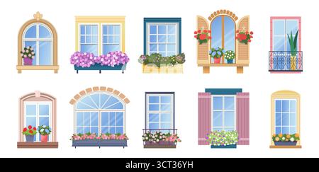 Europäischer Balkon. Fenster, Türrahmen mit Blumen in einem alten Straßengebäude, klassisches französisches Glas, klassische architektonische Elemente. Vektor-Design, Karikatur flache Art isolierte Illustration Stock Vektor