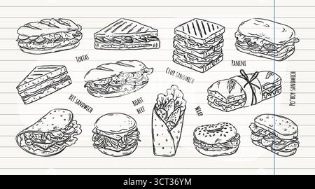 Sandwich mit Doodle. Handgezeichnete Essensskizze, Feinkost-Mittagessen oder Schinken-Fleisch-Burger. Käse, Brot und Gemüse für das Café-Menü. Gegrillter Snack, Hamburger und Bagel. Italienische Panini. Vektor-isolierte Symbole Stock Vektor