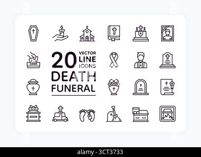 Death icons. Funeral grave web. Dead cemetery mourn on graveyard. Line symbols. Christian burial. Remembrance headstone. Life memorial table. RIP headstone. Cremation and morgue. Vector pictograms set Stock Vektor