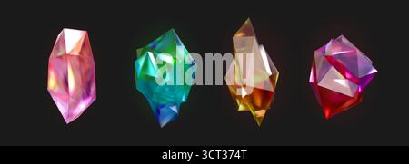 3D-Kristall. Diamantsteinform, Farbschmuck oder rosafarbener Glasquarz Cristal Smaragd. Shine Space Mineral. Kostbare Edelsteine, mineralglänzende Schätze. Vektor isoliertes realistisches Set Stock Vektor