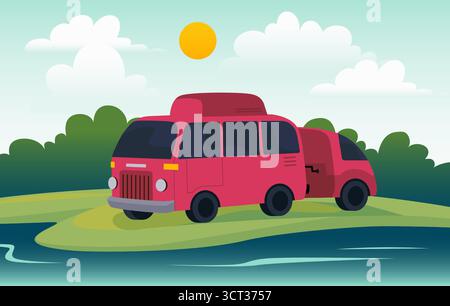 Caravan Camp. Abenteuer im Wohnmobil. Camping-Tour. Heimwagen am Flussufer. Reisefahrzeug. Mobiler Anhänger in der Natur. Sommerurlaub. See Wasser. Auto-Bus für Touristen. Vektor-Hintergrund für wilde Landschaft Stock Vektor