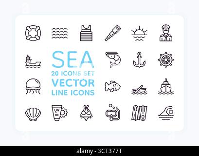 Seemannssymbole. Segelboot. Sommerreisen. Liniensymbole. Kapitän des Ozeanschiffes. Leuchtturm oder Piratenjacht. Fischereianker. Fischer fangen Garnelen. Bootstour auf dem Meer. Beach-Bikini. Vektor-Logo festgelegt Stock Vektor