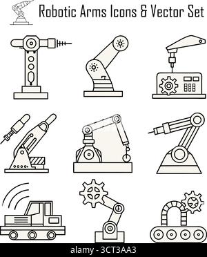Industrielle Roboterarme arbeiten an einer automatisierten Produktionslinie, modernes Fertigungs- und Automatisierungstechnologiekonzept Stock Vektor