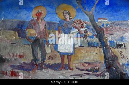 Bauernfrauen aus Gabbro (oder einer ähnlichen Szene des ländlichen Lebens) des italienischen Künstlers Carlo Domenici (1898–1981). Es zeigt zwei Figuren – einen Mann und eine Frau – in einer rustikalen Landschaft, die wahrscheinlich landwirtschaftliche oder häusliche Arbeit ausüben, den Alltag in den italienischen Regionen Livorno und Gabbro. Stockfoto