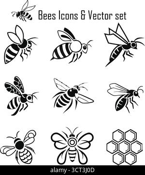 Bees Icons Set – Cute Honey Bee Vector Collection, Imkerei und Naturschutz Symbole Stock Vektor