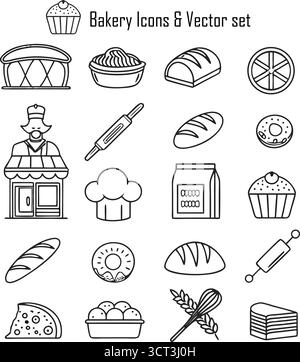 Backwaren Icons Set – frisches Brot, Gebäck, Kuchen und Backwerkzeuge Vektor-Kollektion Stock Vektor