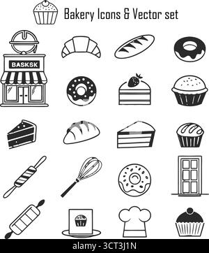 Backwaren Icons Set – frisches Brot, Gebäck, Kuchen und Backwerkzeuge Vektor-Kollektion Stock Vektor