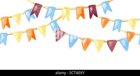 Festliche Flaggengirlande nahtlose Grenze. Helle Aquarellkunst Kinder Illustration isoliert vom Hintergrund. Farbenfrohe, fröhliche Vintage-Dekoration Stockfoto