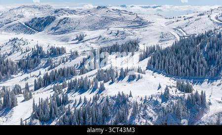 Wunderschöne Winterlandschaft des Jahorina Berges mit Wäldern und Skipisten, die sich am Horizont unter klarem Sonnenlicht erstrecken Stockfoto