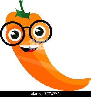Lustige orangene Chilischoten-Zeichentrickfigur mit Brille Illustration Stock Vektor