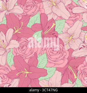 Nahtloser Hintergrund mit rosa Lilie und Rosen Stock Vektor