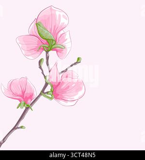 Wunderschöner isolierter, zweigblühender Magnolienbaum Stock Vektor