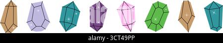 Bunte Glaskristalle. Edelsteine verschiedener Formen. Edelsteine, Amethyst, Rubin, Saphir, Smaragd, topas und Quarz. Vektorabbildung Stock Vektor
