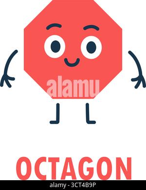 Niedlicher achteckiger Charakter mit lächelndem Gesicht, Armen und Beinen. Lustige geometrische Vektor-Illustration für Kinder, die Formen lernen Stock Vektor