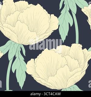 Schöner nahtloser Hintergrund mit Blumen Pflanze Paeonia arborea (Baumpfingstrose) mit Stamm und Blättern Stock Vektor