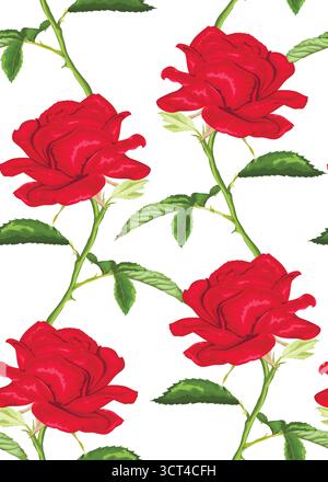 Wunderschöner nahtloser Hintergrund mit Rosen mit Stiel und Blättern Stock Vektor
