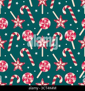 Nahtloses Muster mit weihnachtlichen Bonbons und Sternen. Entzückendes Design, perfekt für Projekte mit Urlaubsthemen, Geschenkpapier oder saisonale Anwendungen Stock Vektor