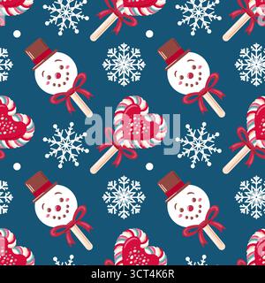 Nahtloses Muster mit fröhlichen Schneemännern, Zuckerstangen, Herzen und Schneeflocken. Ein skurriles Design, das die Freude an Weihnachten fängt, perfekt für Stock Vektor