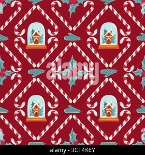 Nahtloses Damastmuster mit einer Schneekugel mit einem gemütlichen Haus, stechpalmenblättern und Zuckerstangen. Dieses elegante und festliche Design verleiht Ihnen einen Hauch Stock Vektor