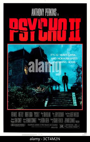 Psycho II (1983) von Richard Franklin mit Anthony Perkins, Vera Miles und Meg Tilly. Norman Bates wurde 22 Jahre nach Hitchcocks Original entlassen und hat Schwierigkeiten, ein normales Leben zu führen. Foto eines Original-Posters aus dem Jahr 1983 (USA), das NUR FÜR REDAKTIONELLE ZWECKE VERWENDET WIRD. Quelle: BFA / Universal Pictures Stockfoto