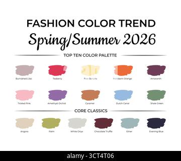 Fashion Color Trend Frühjahr - Sommer 2026. Leitfaden für trendige Farben. Pinselstriche der Farbe mit Namensfeldern. Einfach zu bearbeitende Vektorvorlage Stock Vektor