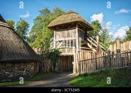 Rekonstruierte frühmittelalterliche Ringfort, prähistorisches irisches Gehöft mit zweistöckigem hölzernem Wachturm, Verteidigungszaun und kreisförmigem Steinrundhaus Stockfoto