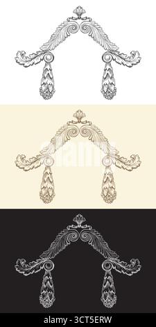 Kalligrafie-Scrolls, kunstvolle Motive und wirbelnde Designelemente. Vintage monochrome, filigrane Hochzeitsrollen. Retro-Muster gravieren. Vektor i Stock Vektor