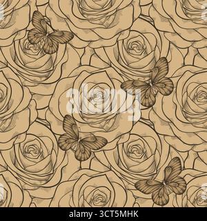 Wunderschöner nahtloser Hintergrund mit Schmetterlingen und Rosen Vintage Farbe. Handgezeichnete Konturlinien und Konturen Stock Vektor